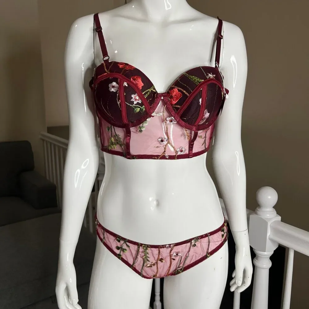 Sexy Floral Lace Lingerie Matching Set Women’s Size L #675